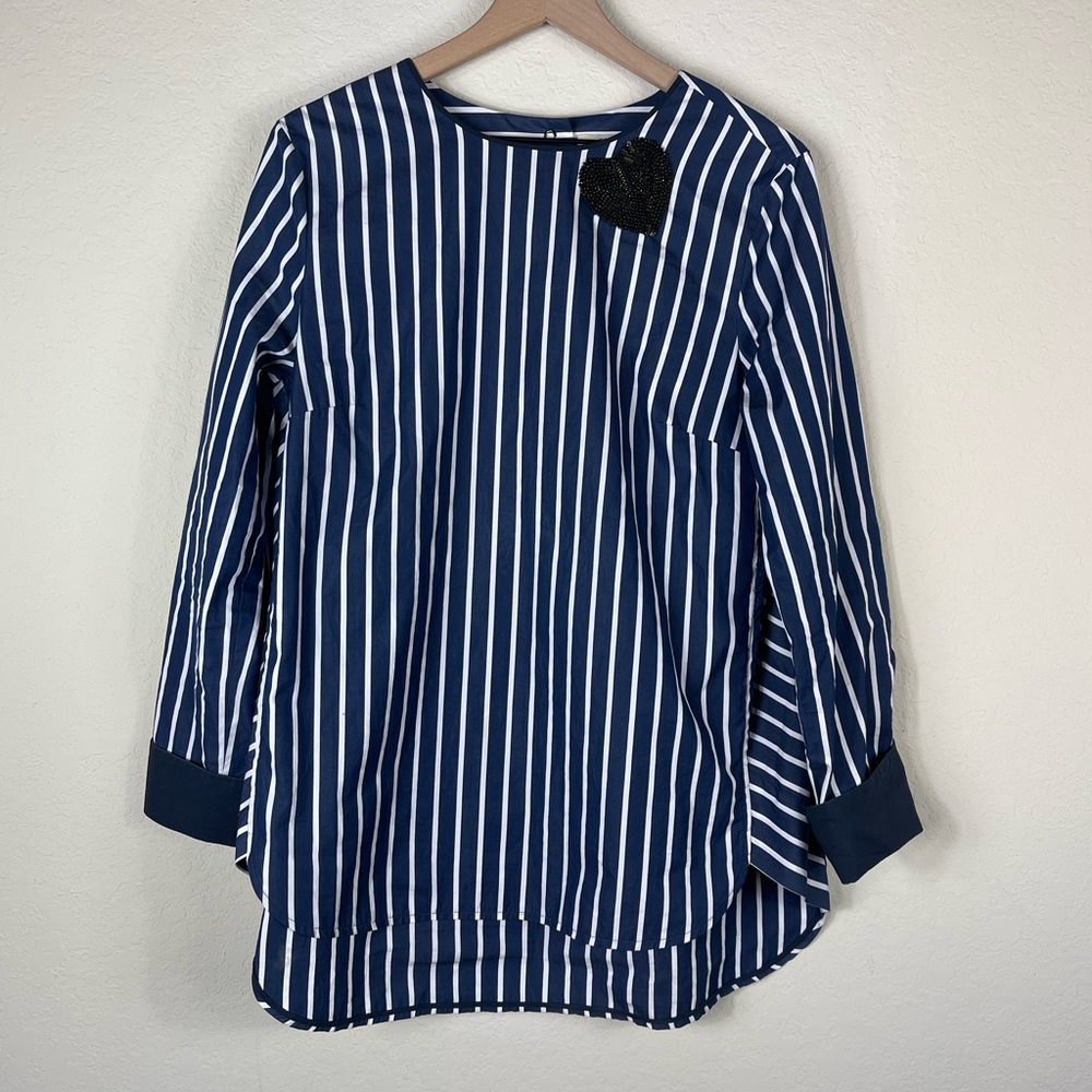 Odeeh Striped Cotton Beaded Heart Long Sleeve Shirt Navy Blue Size 40 US Large